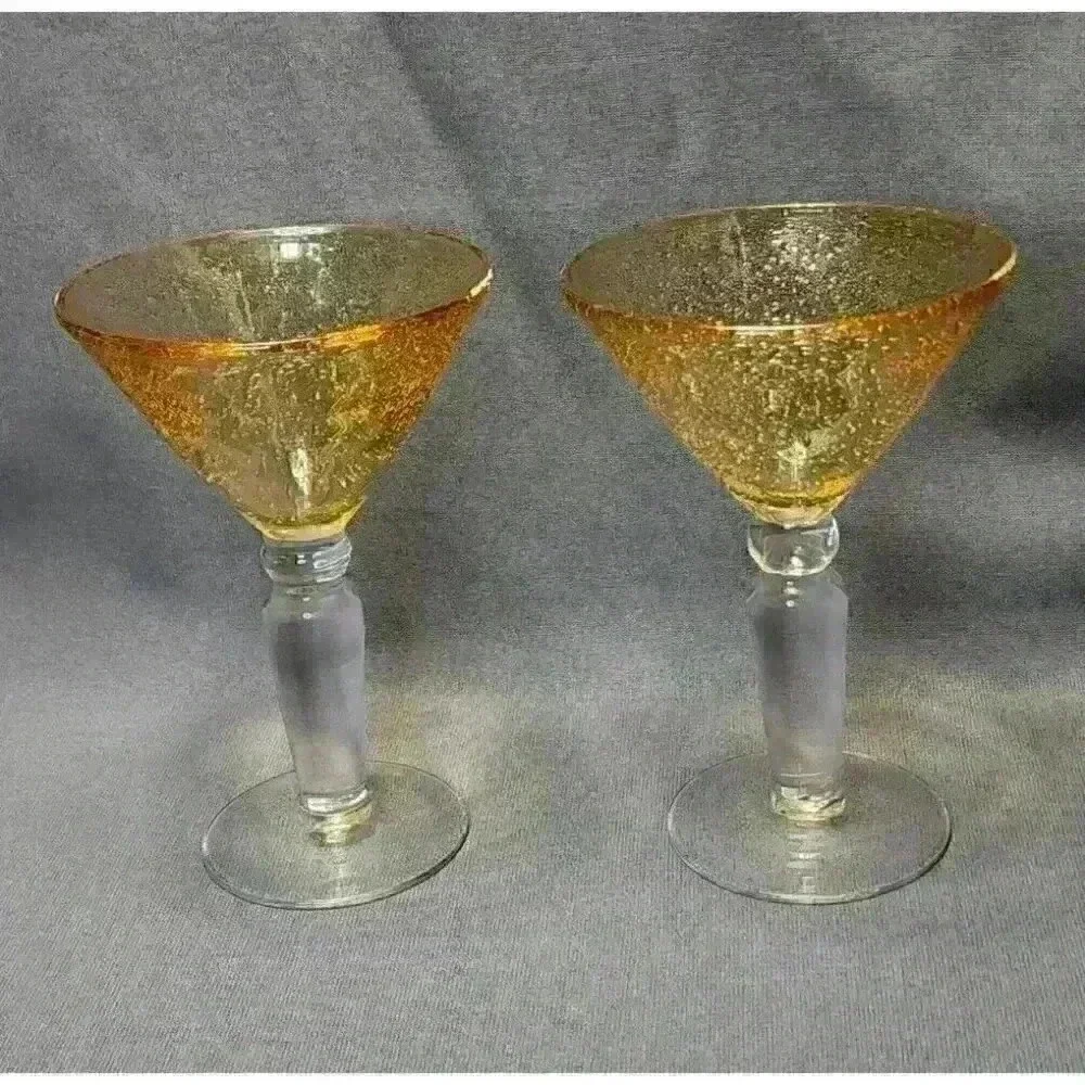 Vintage Hand Blown Bubble Art Glass Amber Martini Cosmopolitan Glasses Set of 2